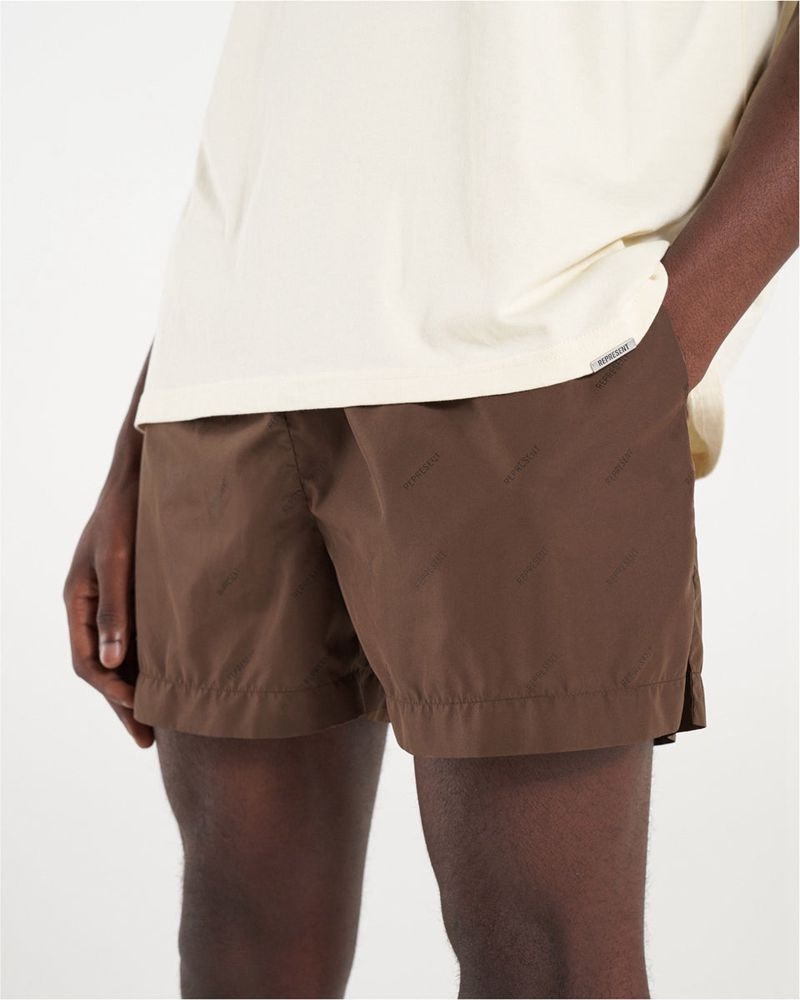 Men's Represent All Over Logo Swim Shorts Dark Brown | UK-YBRQG1257