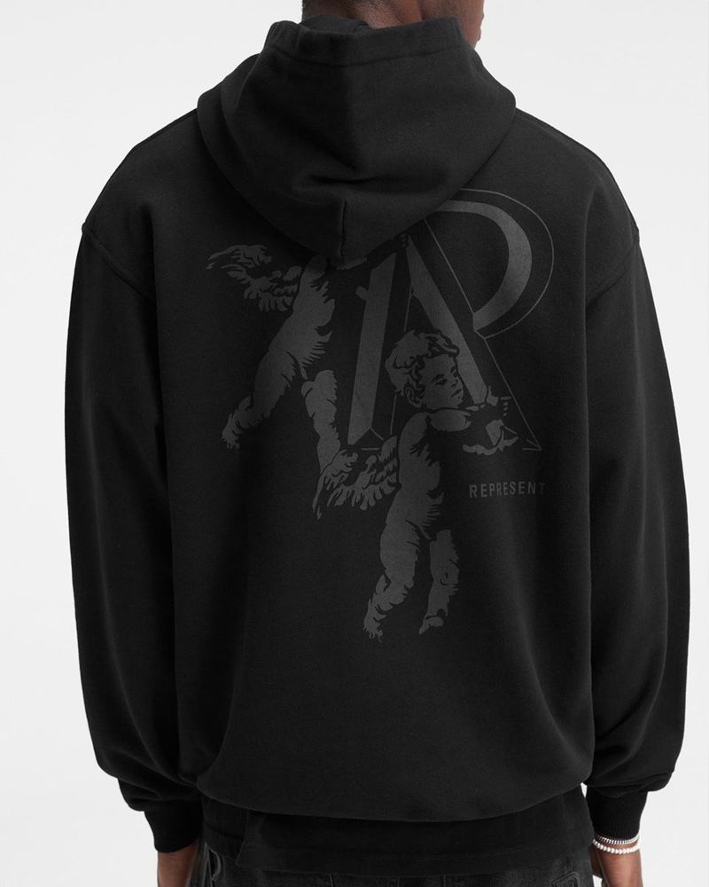 Men's Represent Cherub Initial Hoodie Black | UK-AJOEW9145