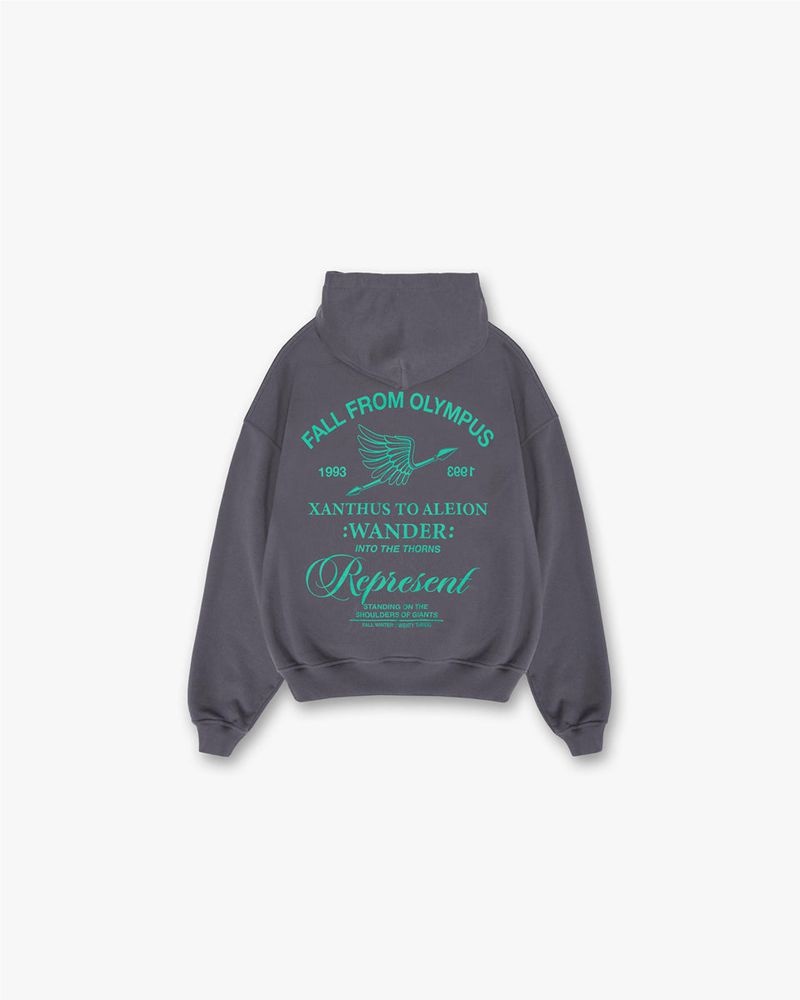 Men's Represent Fall From Olympus Hoodie Dark Grey / Green | UK-BXPLA6517