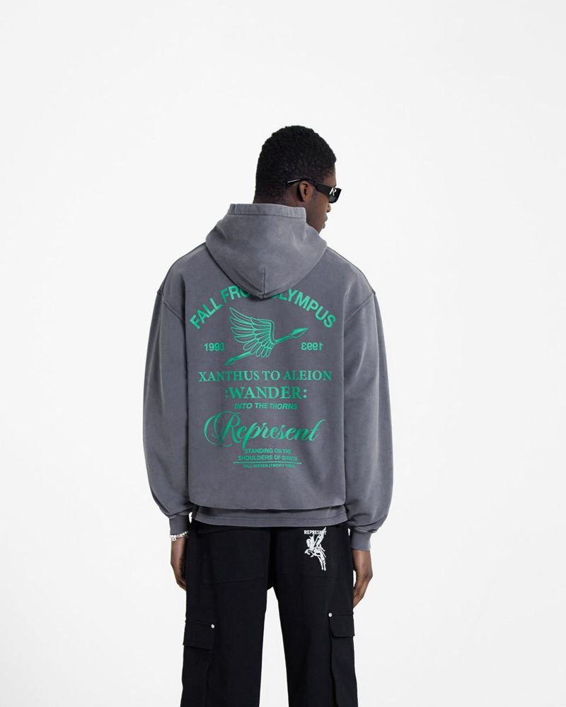 Men's Represent Fall From Olympus Hoodie Dark Grey / Green | UK-BXPLA6517