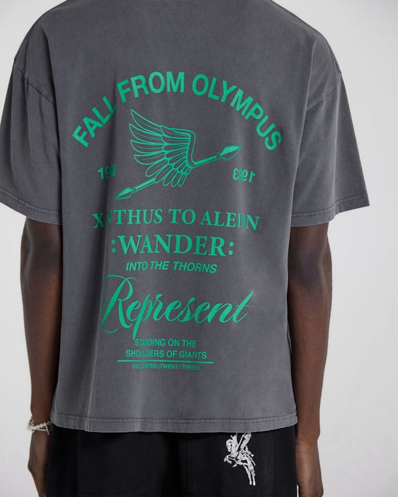 Men's Represent Fall From Olympus T-Shirt Dark Grey / Green | UK-ZOTXH5018