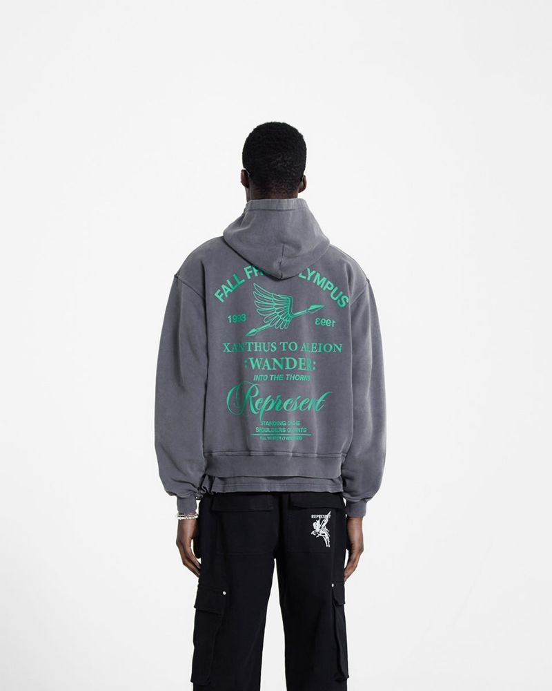 Men's Represent Fall From Olympus Zip Hoodie Dark Grey / Green | UK-IQUVB9624