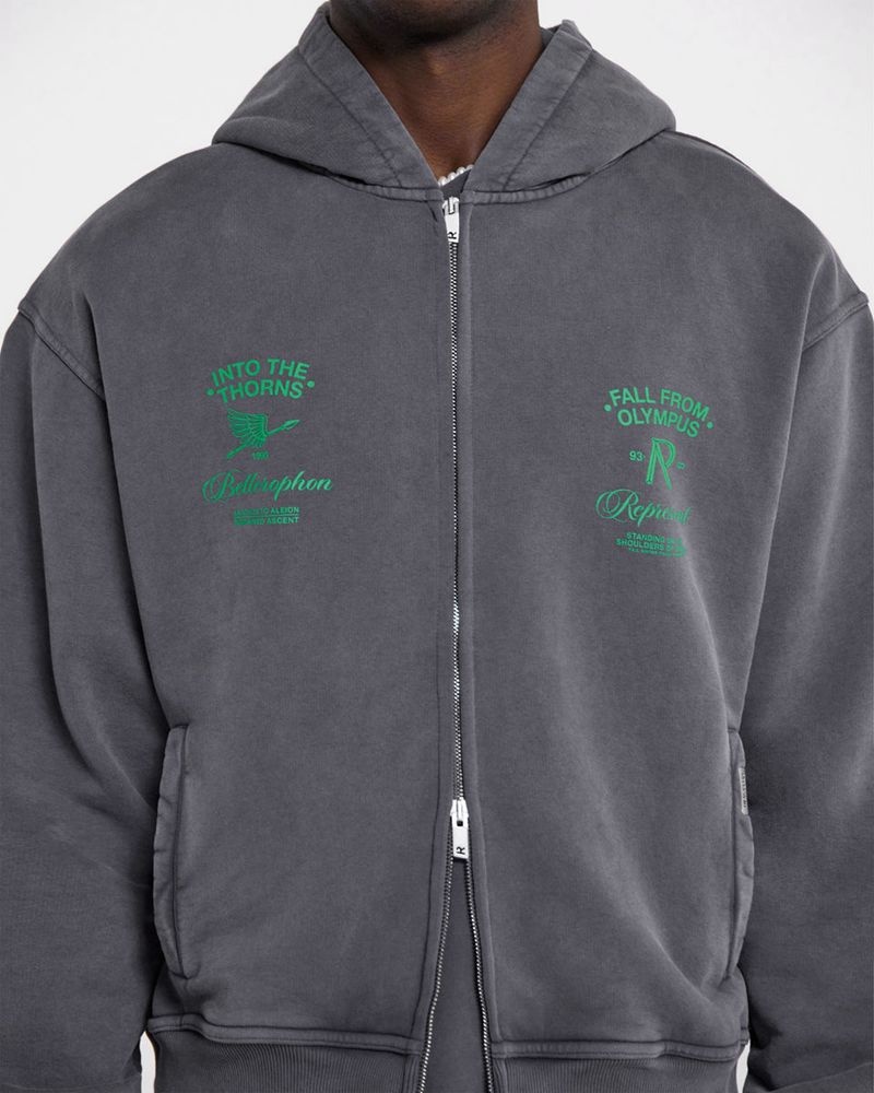 Men's Represent Fall From Olympus Zip Hoodie Dark Grey / Green | UK-IQUVB9624