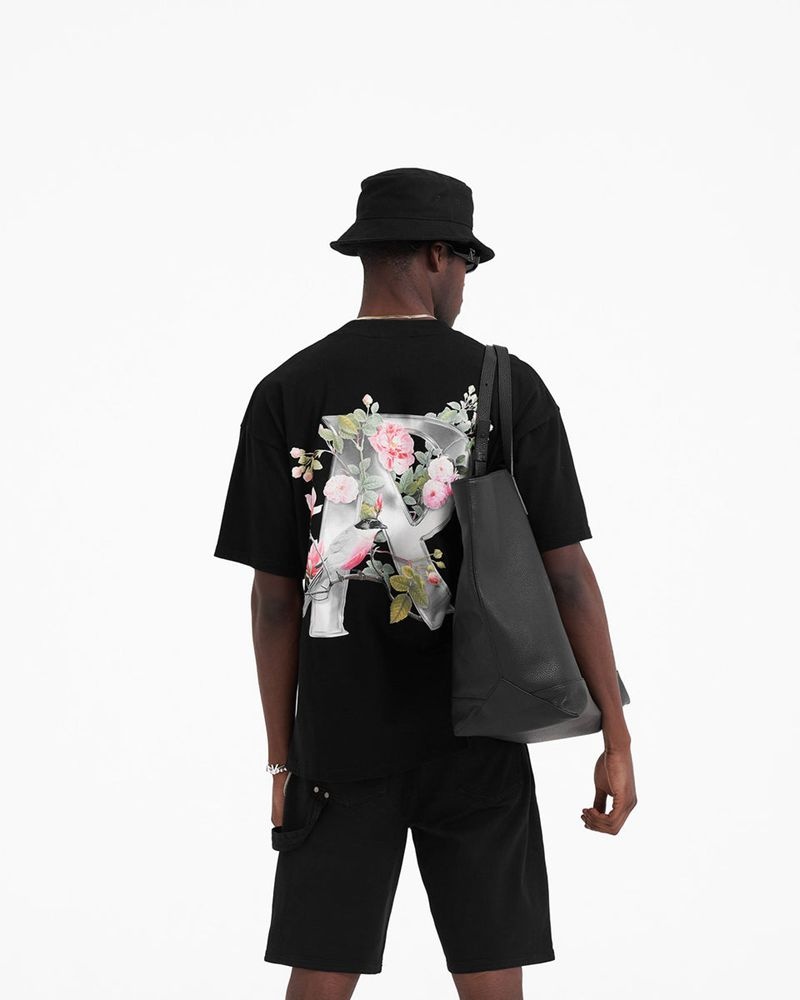 Men's Represent Floral Initial T-Shirt Black | UK-QRSBW4872