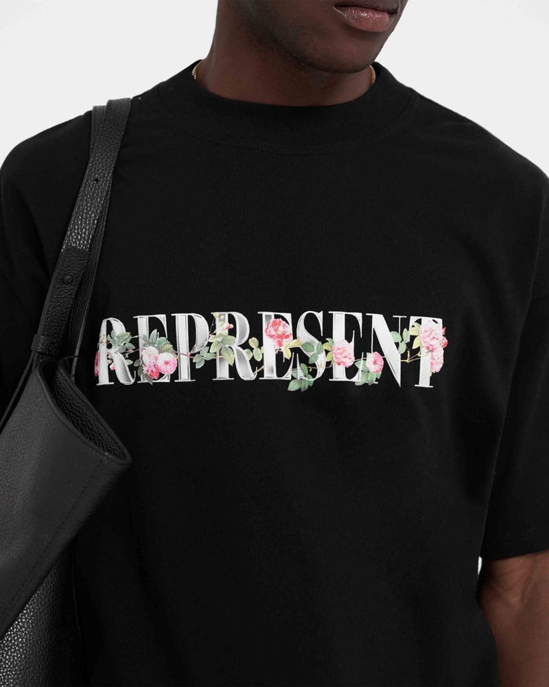 Men's Represent Floral Initial T-Shirt Black | UK-QRSBW4872