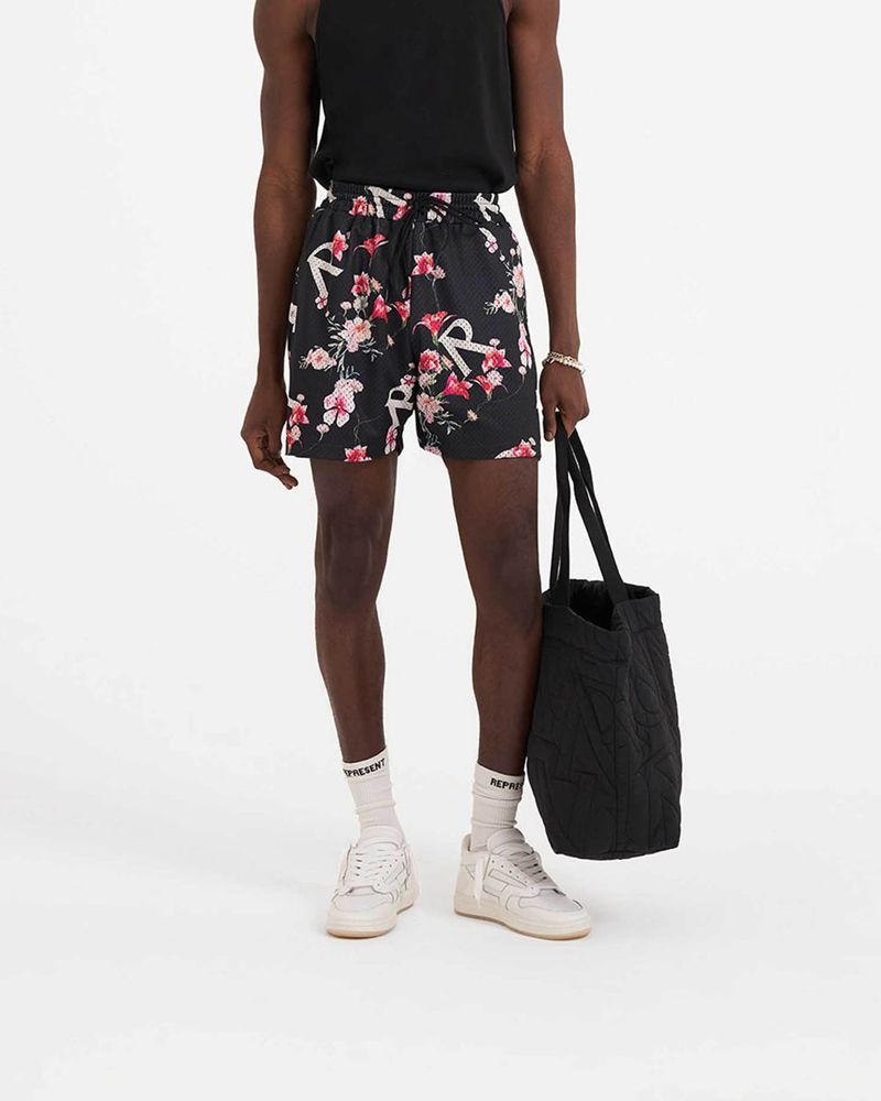 Men's Represent Floral Mesh Shorts Black | UK-ZEJQV6174