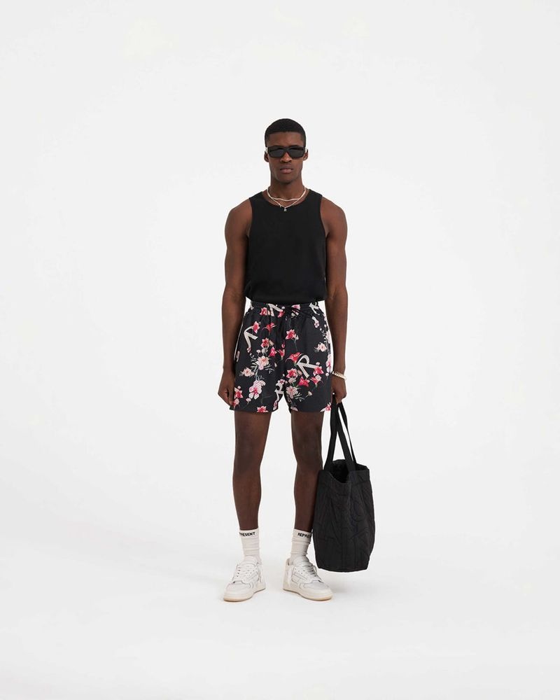 Men's Represent Floral Mesh Shorts Black | UK-ZEJQV6174