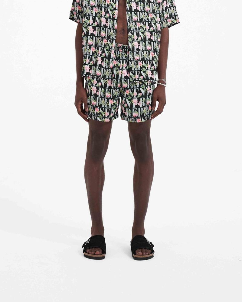 Men's Represent Floral Shorts Black Multicolor | UK-FLBWZ6023