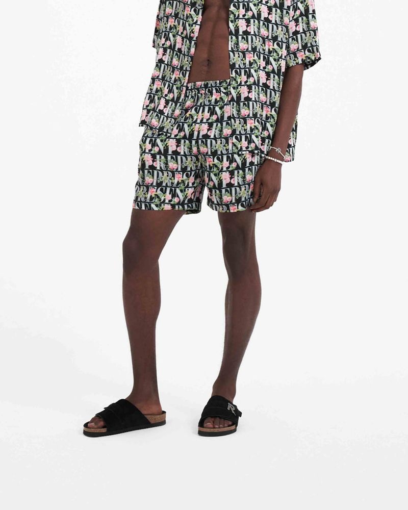 Men's Represent Floral Shorts Black Multicolor | UK-FLBWZ6023