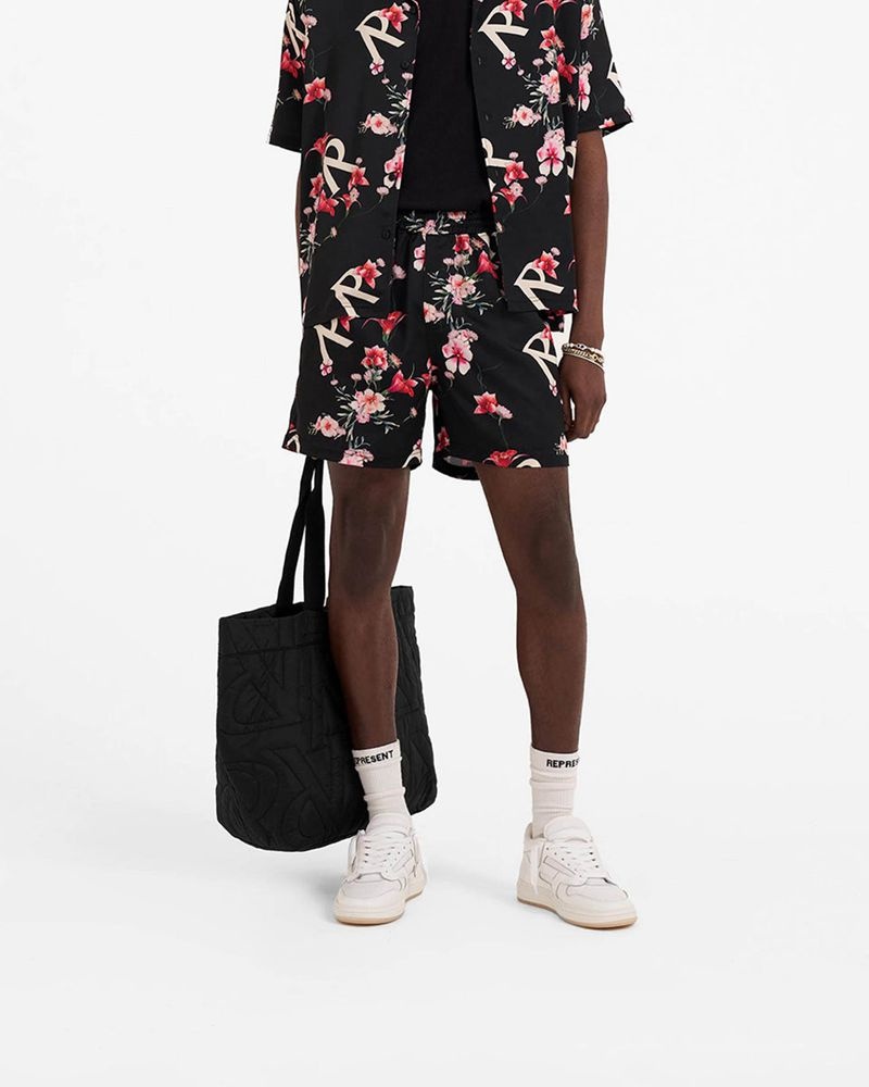 Men's Represent Floral Shorts Black | UK-YOIKU2597