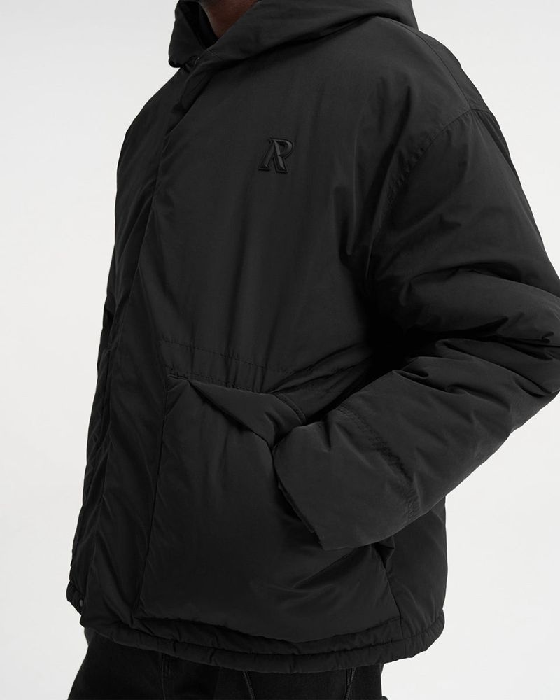 Men's Represent Hooded Puffer Jacket Black | UK-ERPHF2301