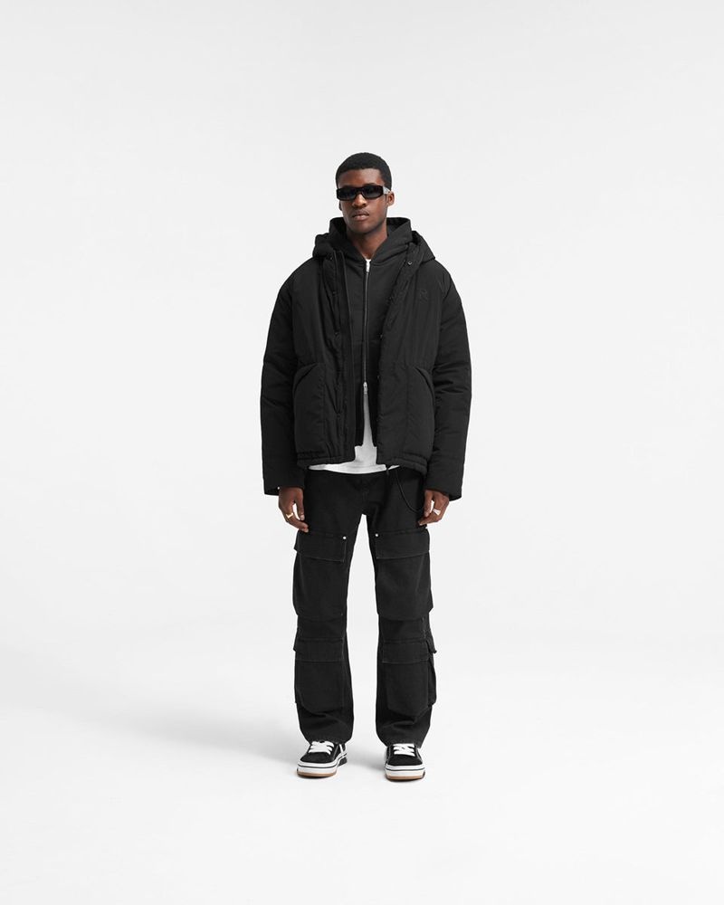 Men's Represent Hooded Puffer Jacket Black | UK-ERPHF2301