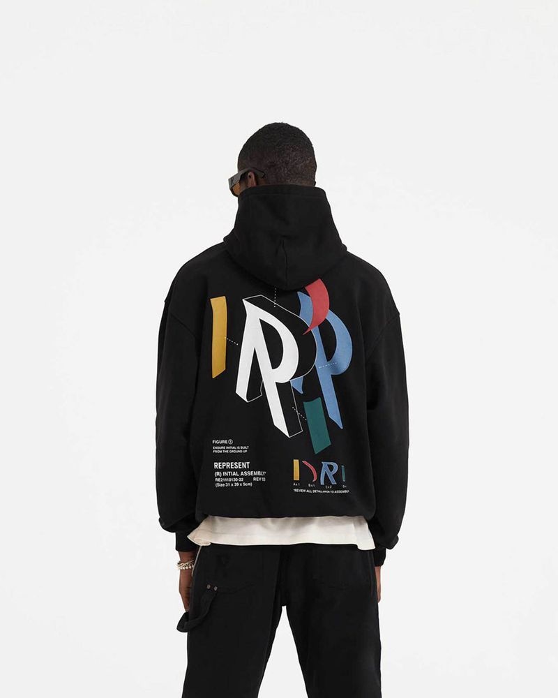 Men's Represent Initial Assembly Hoodie Black | UK-QVMNO5802