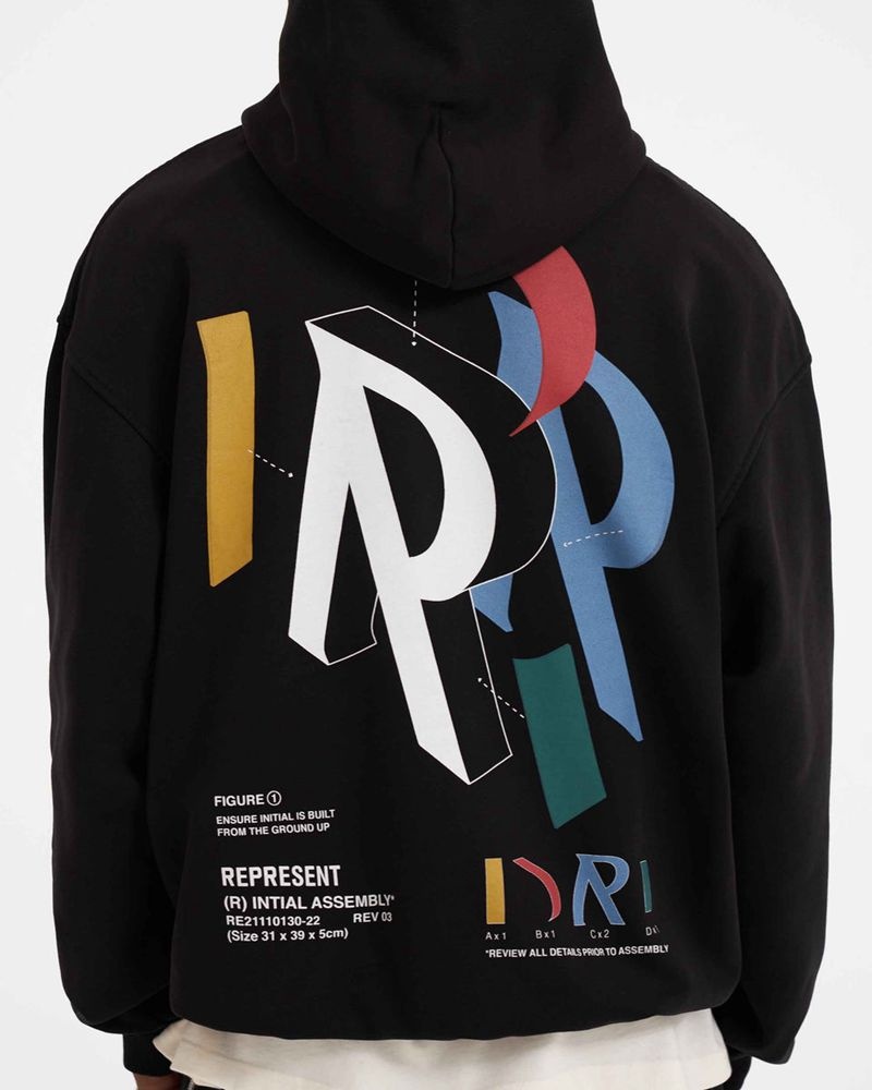 Men's Represent Initial Assembly Hoodie Black | UK-QVMNO5802