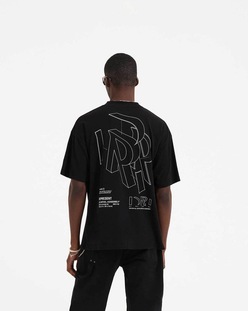 Men's Represent Initial Assembly Outline T-Shirt Black | UK-VCAOT9387