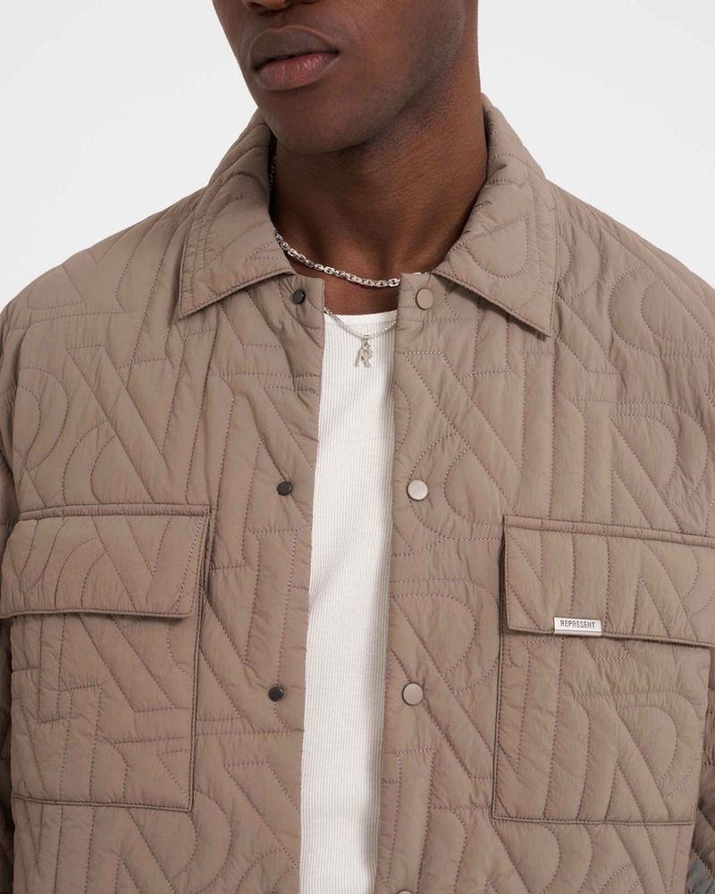 Men's Represent Initial Quilted Overshirt Taupe | UK-ZLRQI8710