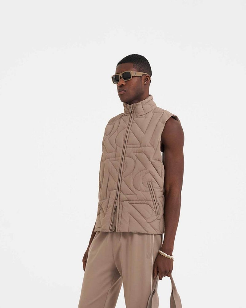 Men's Represent Initial Quilted Vest Taupe | UK-PBXON9467