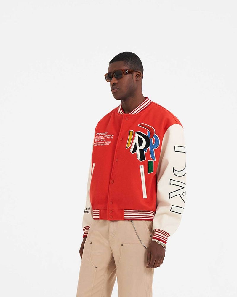 Men's Represent Initial Varsity Jacket Red | UK-SPAXB8562