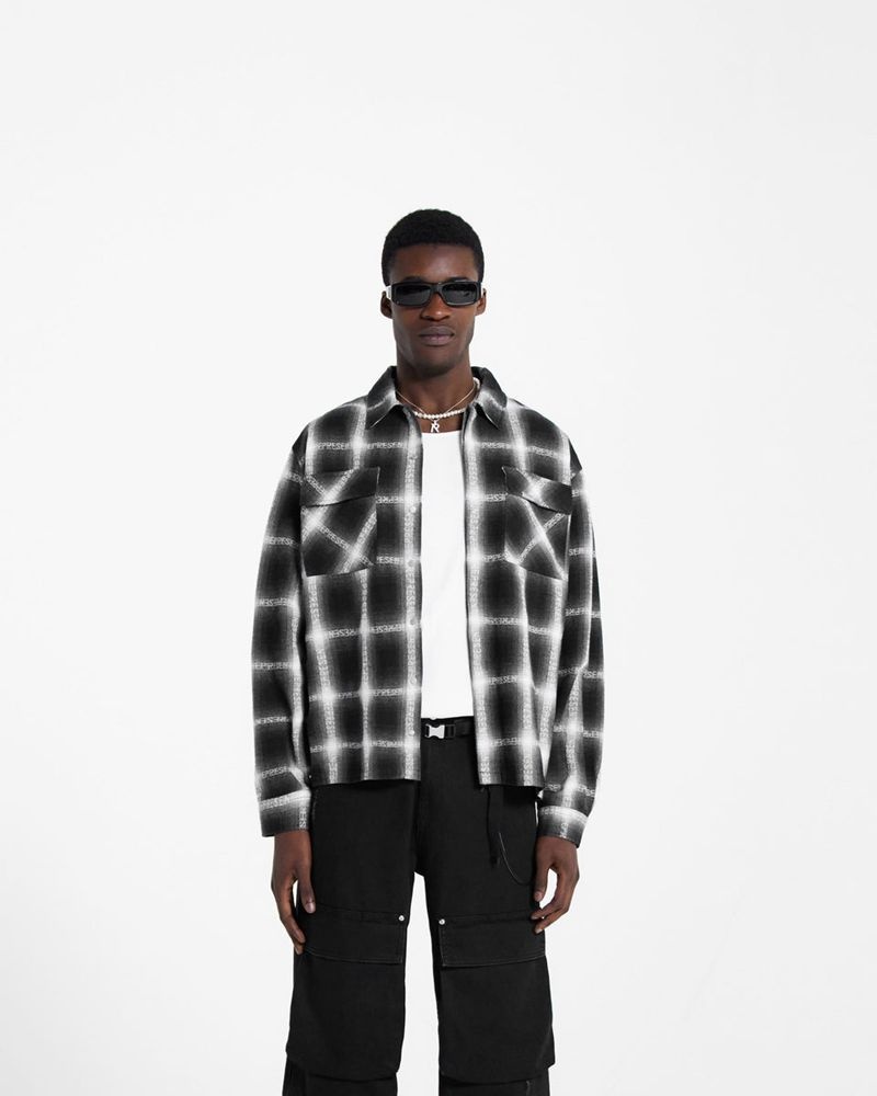 Men's Represent Logo Flannel Shirts Black / White | UK-HLVIM5283