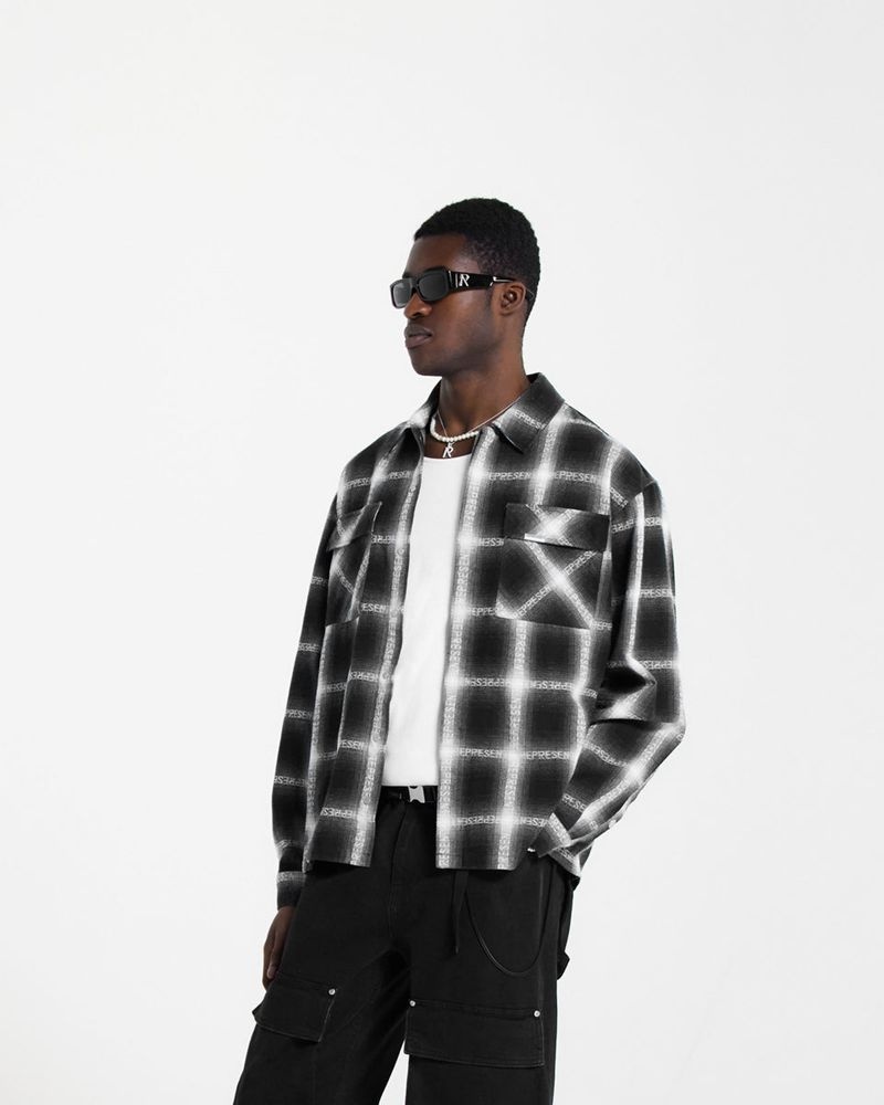 Men's Represent Logo Flannel Shirts Black / White | UK-HLVIM5283