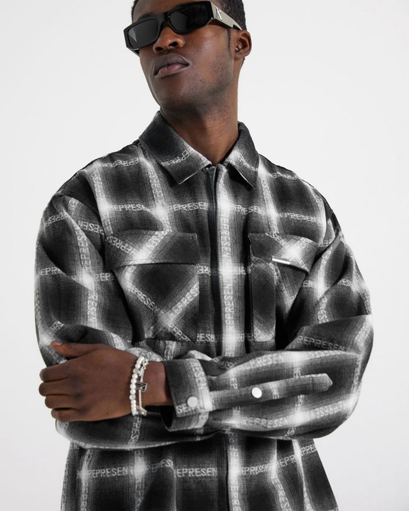 Men's Represent Logo Flannel Shirts Black / White | UK-HLVIM5283