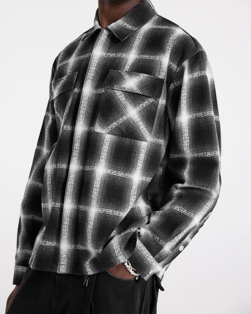 Men's Represent Logo Flannel Shirts Black / White | UK-HLVIM5283