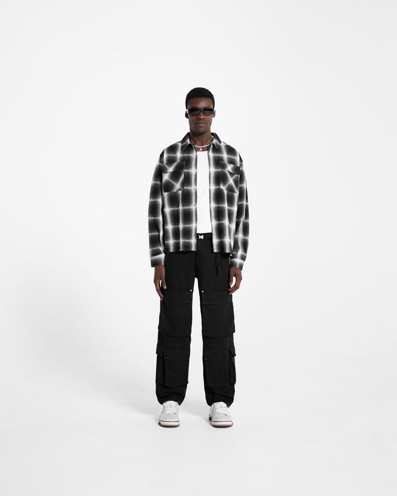 Men's Represent Logo Flannel Shirts Black / White | UK-HLVIM5283