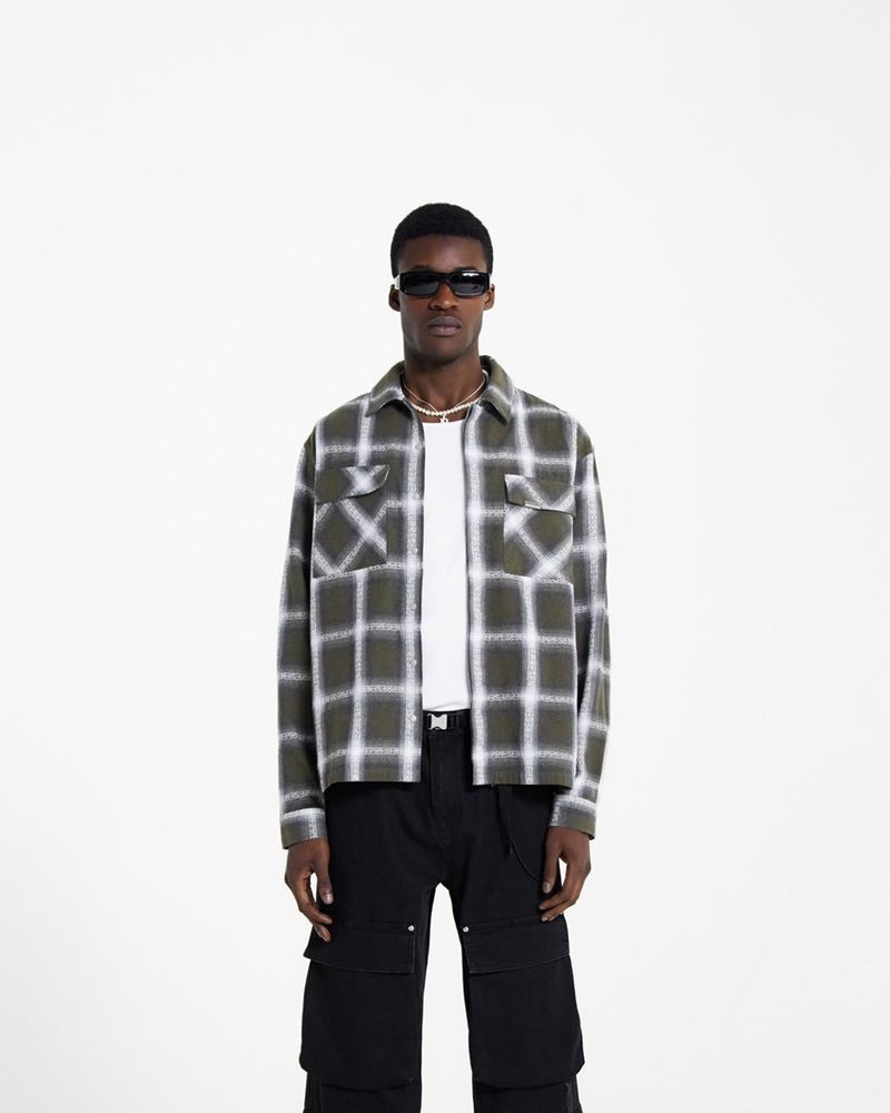 Men's Represent Logo Flannel Shirts Olive | UK-CXMGD9475