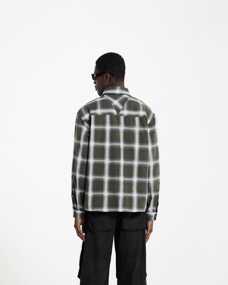 Men's Represent Logo Flannel Shirts Olive | UK-CXMGD9475