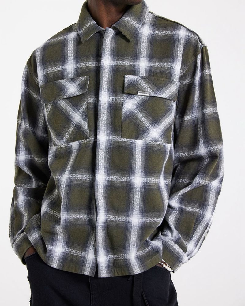 Men's Represent Logo Flannel Shirts Olive | UK-CXMGD9475