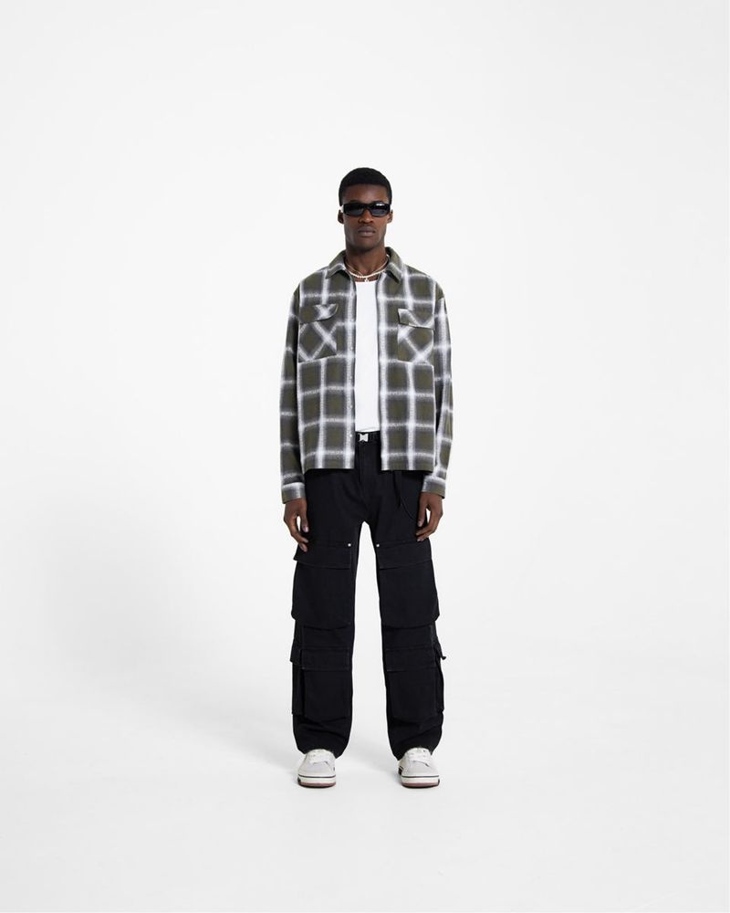 Men's Represent Logo Flannel Shirts Olive | UK-CXMGD9475