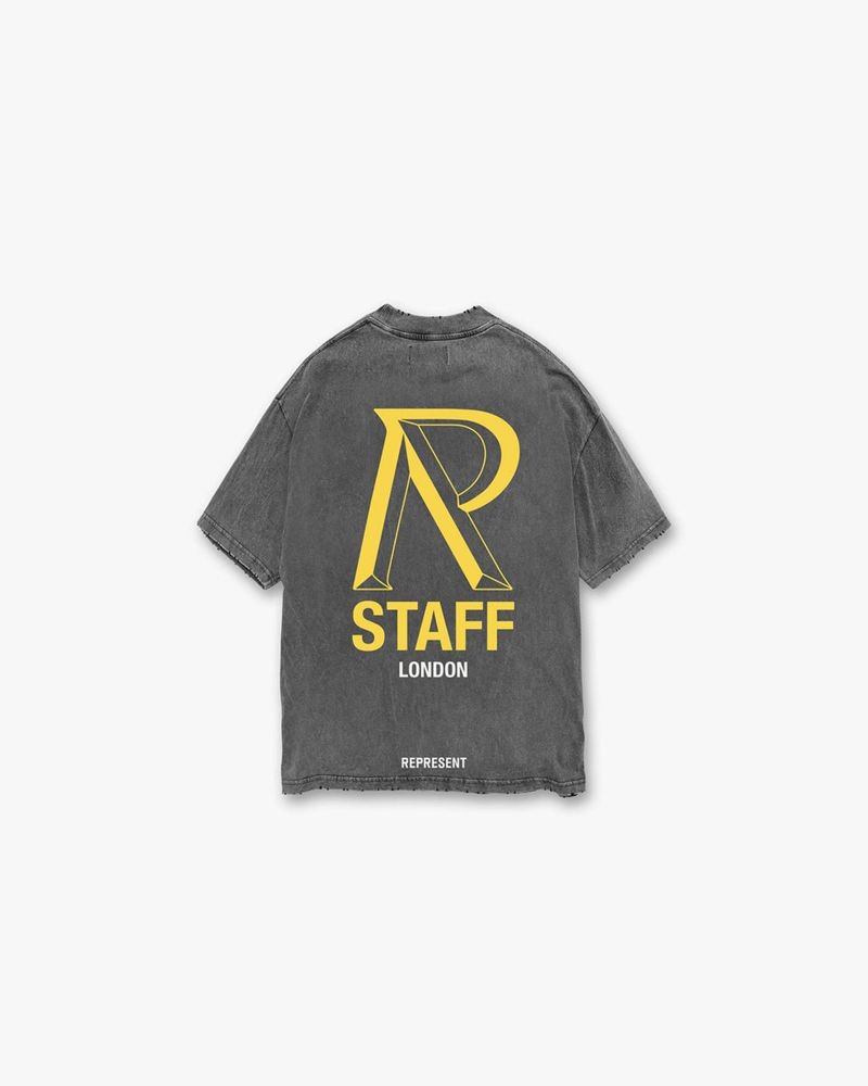 Men's Represent London Initialism T-Shirt Grey / Yellow | UK-YPNIT3617