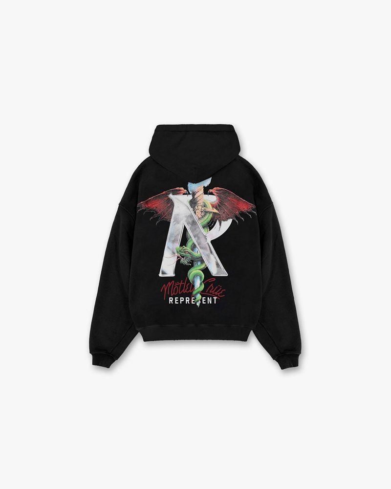 Men's Represent Motley Crue Graphic Hoodie Black / Black / Red | UK-KRJSV2403