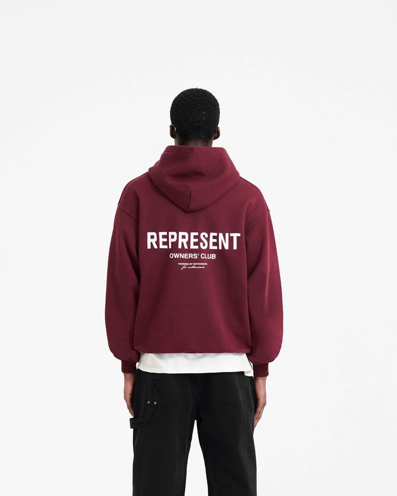 Men's Represent Owners Club Hoodie Burgundy | UK-CGYKV9235