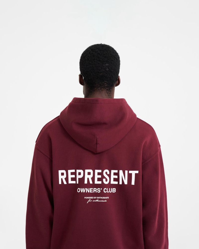 Men's Represent Owners Club Hoodie Burgundy | UK-CGYKV9235