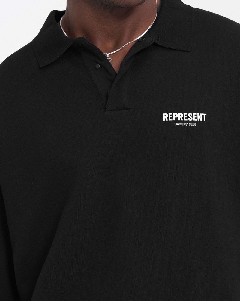 Men's Represent Owners Club Long Sleeve Polo Sweater Black | UK-BVLCY1246