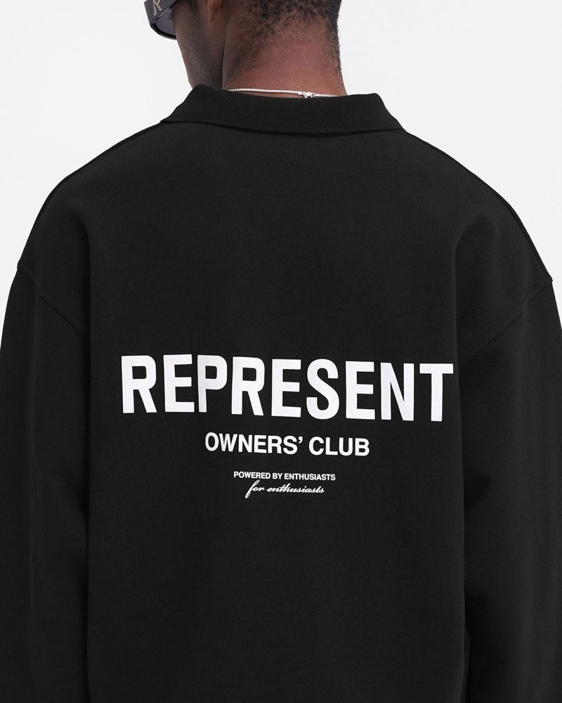 Men's Represent Owners Club Long Sleeve Polo Sweater Black | UK-BVLCY1246