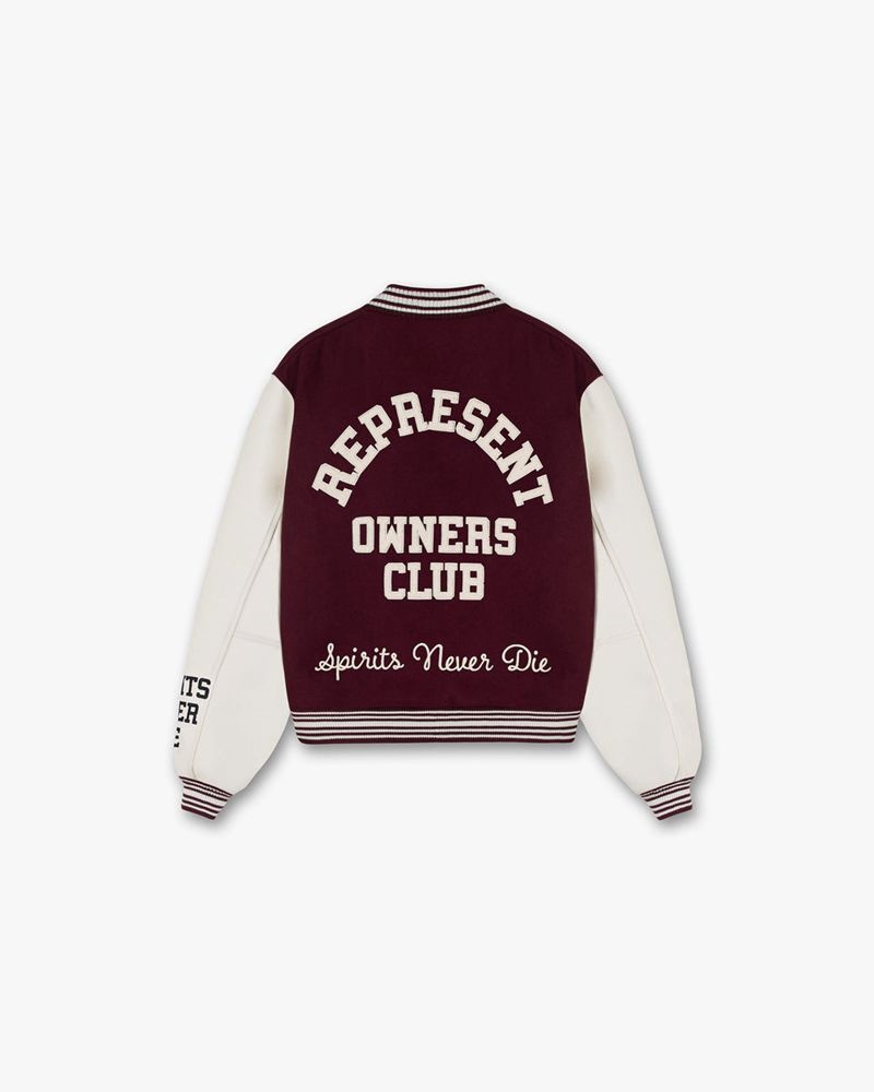 Men's Represent Owners Club Varsity Jacket Burgundy | UK-BEZIQ9312