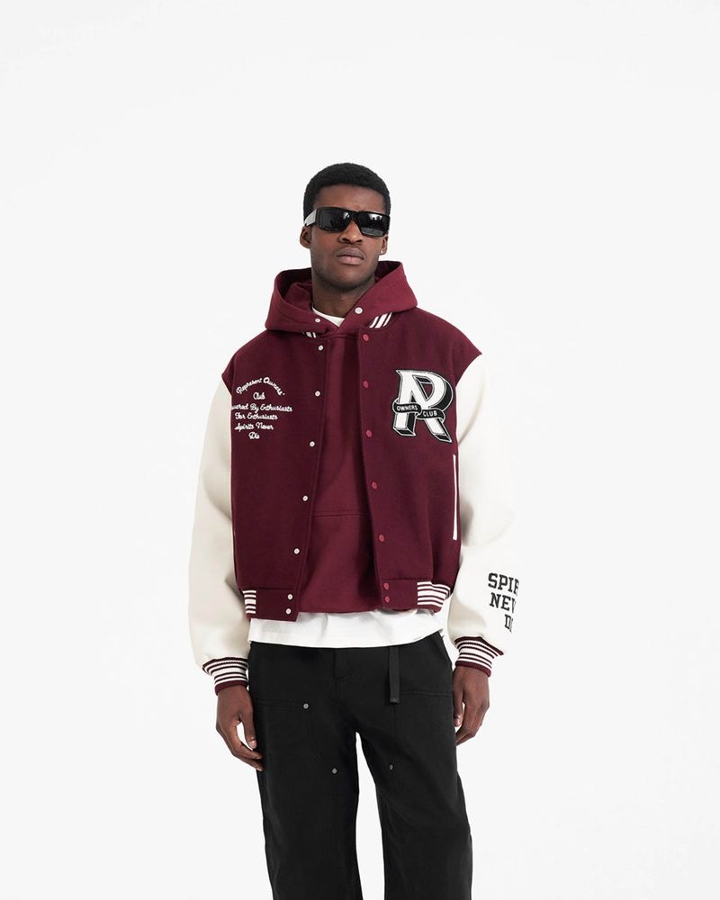 Men's Represent Owners Club Varsity Jacket Burgundy | UK-BEZIQ9312