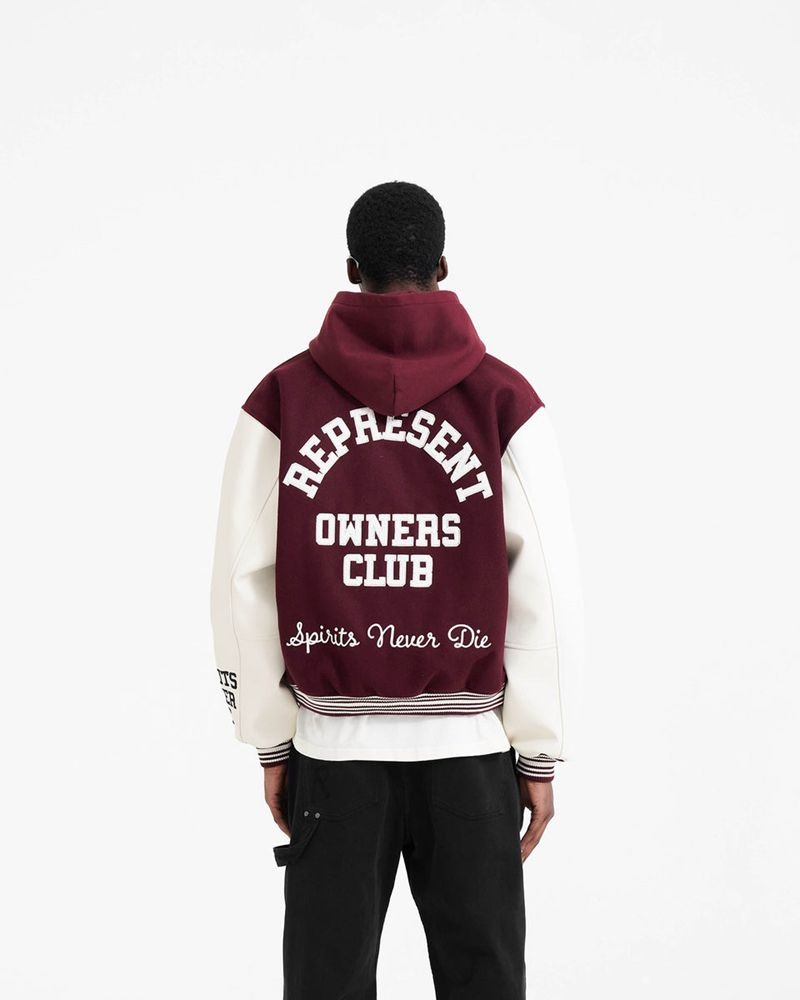 Men's Represent Owners Club Varsity Jacket Burgundy | UK-BEZIQ9312