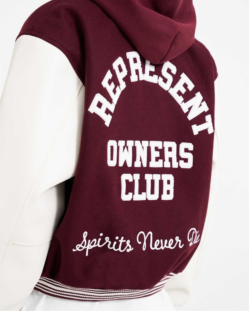 Men's Represent Owners Club Varsity Jacket Burgundy | UK-BEZIQ9312