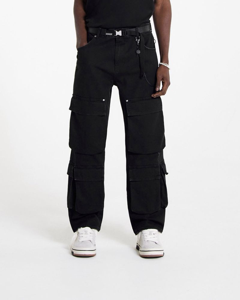 Men's Represent R3 Cargo Jeans Black | UK-REYIF3526