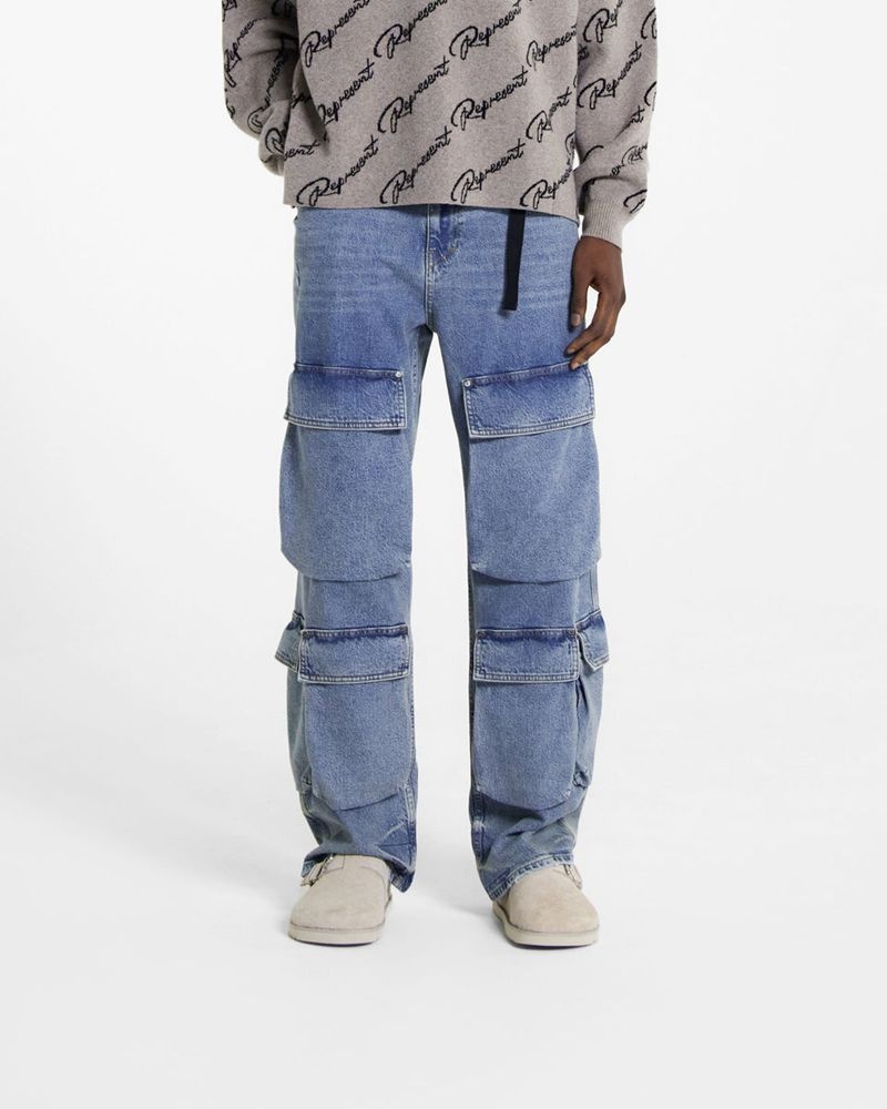 Men's Represent R3 Cargo Jeans Blue | UK-LHKRN5897