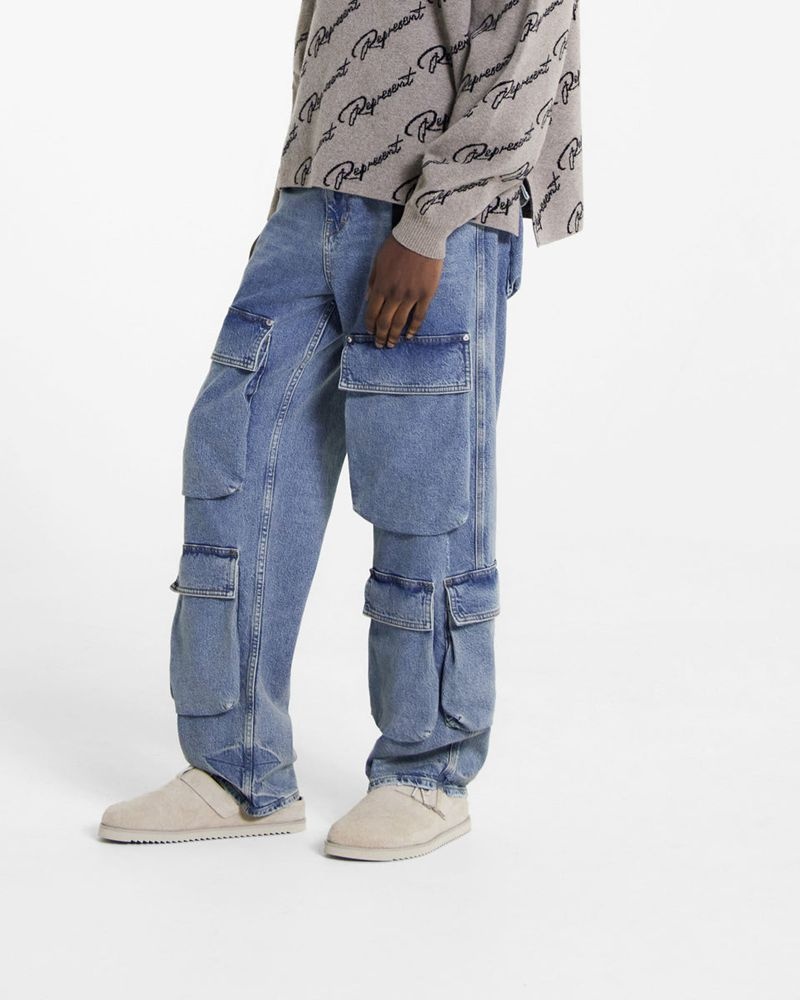 Men's Represent R3 Cargo Jeans Blue | UK-LHKRN5897