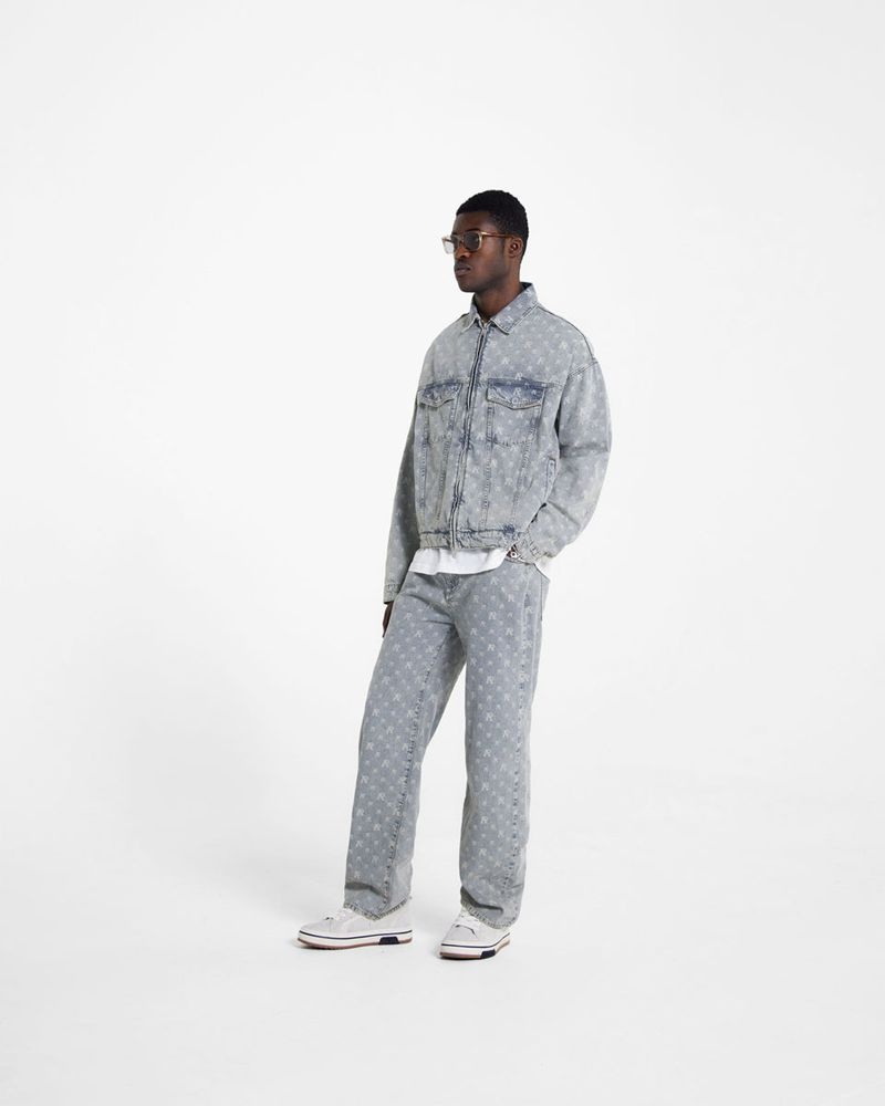 Men's Represent R3 Monogram Baggy Jeans Grey Blue | UK-TNRKO5234