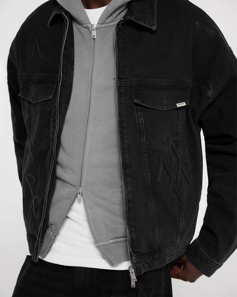 Men's Represent R4 Initial Denim Jacket Off Black | UK-CPULW6729