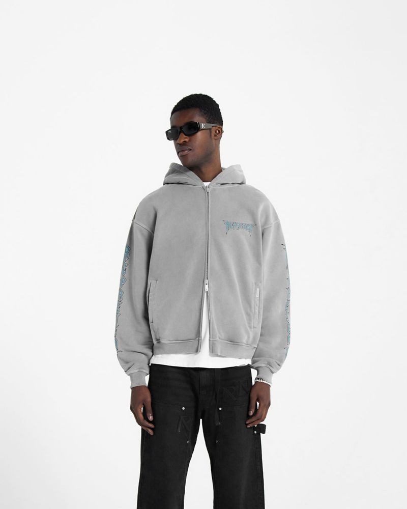 Men's Represent Rock Logo Zip Hoodie Grey | UK-ONAVG2943