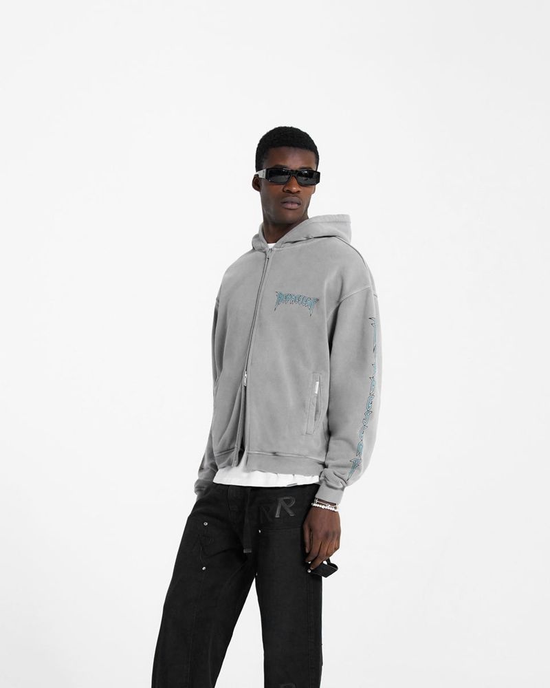 Men's Represent Rock Logo Zip Hoodie Grey | UK-ONAVG2943