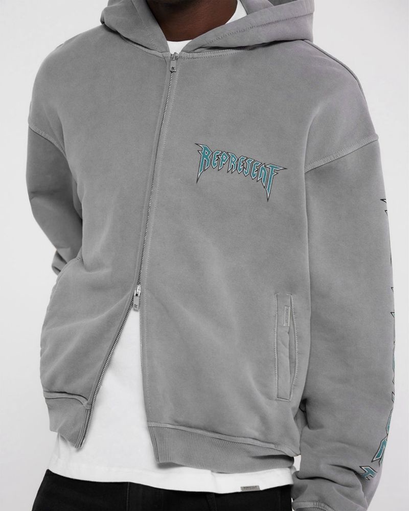 Men's Represent Rock Logo Zip Hoodie Grey | UK-ONAVG2943