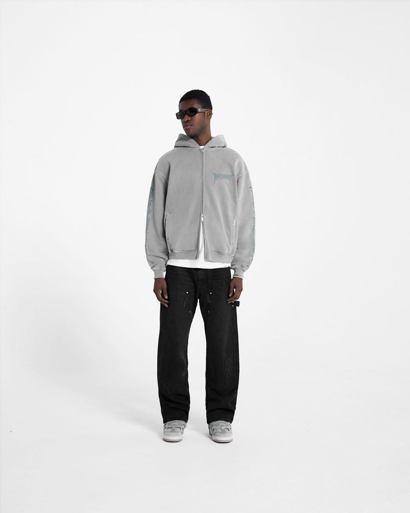 Men's Represent Rock Logo Zip Hoodie Grey | UK-ONAVG2943